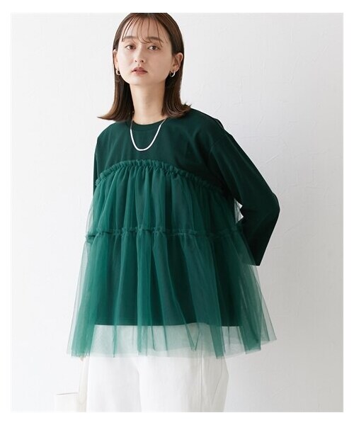 nissen（ニッセン）の「ボリュームチュール切替カットソートップス（Tシャツ/カットソー・レディース・グリーン/黒/オフホワイト・S/M/L/LL）」の12枚目の写真
