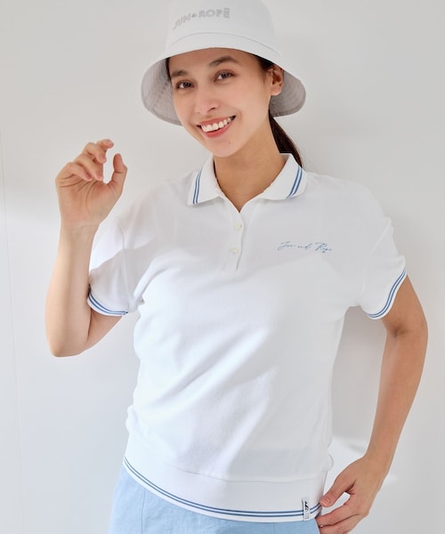 ROPE'（ロペ）の「パイルリブ使い半袖スキッパーポロ（ポロシャツ・レディース・ホワイト/ネイビー/ラベンダー・L/M/S）」の2枚目の写真