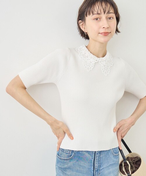ROPE' PICNIC(ロペピクニック)の「レースカラーハーフスリーブリブニット(ニット/セーター・レディース・ライトグレー/オフホワイト/ネイビー・M/S)」の1枚目の写真