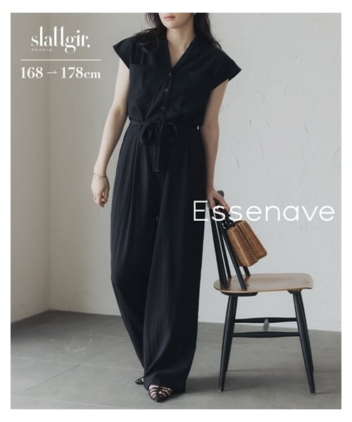 nissen（ニッセン）の「高身長　リネンライクオープンカラーノースリーブジャンプスーツ（共布ベルト付）（トールサイズ）Essenave（オールインワン・サロペット・レディース・アイボリー/黒・MTT/LTT/LLTT/3LTT）」の4枚目の写真
