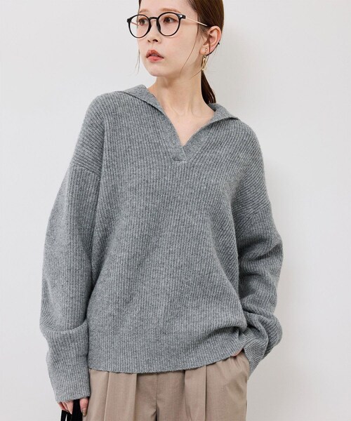ROPE' PICNIC(ロペピクニック)の「スキッパーポロニットプルオーバー/イージーケア(ニット/セーター・レディース・グレー/オフホワイト/ダークグリーン/ネイビー・F)」の5枚目の写真