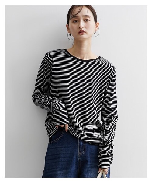 nissen（ニッセン）の「前後２ＷＡＹ袖くしゅくしゅヘンリーネックＴシャツ（Tシャツ/カットソー・レディース・オフホワイト/オートミール/黒・M/L）」の3枚目の写真