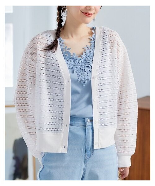 nissen（ニッセン）の「大きいサイズ　透かしジャガードカットソーＶネックカーディガン（カーディガン/ボレロ・レディース・オフホワイト/黒/エクリュ*黒ボーダー・L~LL相当/3L~4L相当/5L~6L相当/8L相当/10L相当）」の15枚目の写真