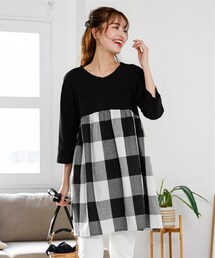 nissen | 大きいサイズ　綿混異素材切替７分袖Ｖネックカットソーチュニック(チュニック)