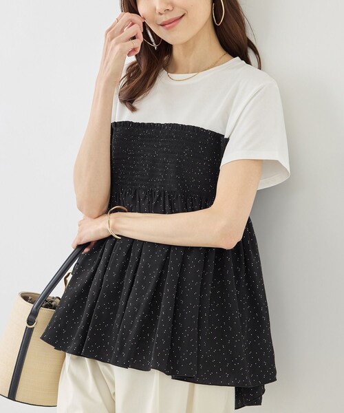 ROPE' PICNIC(ロペピクニック)の「【ベストヒット】シャーリングドッキングハーフスリーブカットソー(Tシャツ/カットソー・レディース・ブラック/ブラック系/ホワイト系/ベージュ・F)」の3枚目の写真
