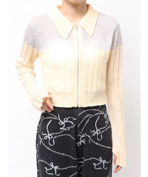 CALNAMUR（カルナムール）の「フロントジップバイカラーニット（ニット/セーター・レディース・ピンク/イエロー/アイスブルー・F）」の7枚目の写真