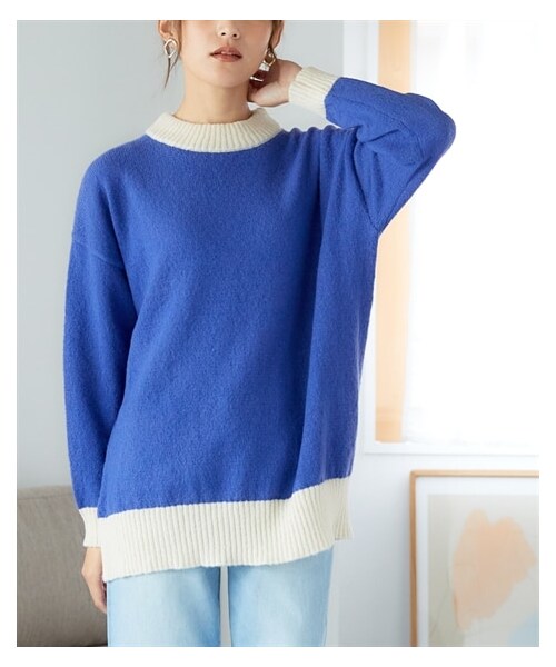 nissen（ニッセン）の「大きいサイズ ふんわり軽い配色ニットプルオーバー（ニット/セーター・レディース・ブルー系/黒系/マスタード系・L/LL/3L/4L/5L/6L/8L/10L）」の12枚目の写真