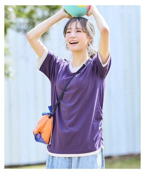 nissen（ニッセン）の「＜大きいサイズ＞綿100%汗じみしにくい重ね着風5分袖Tシャツ（Tシャツ/カットソー・レディース・ネイビー×チャコール/黒×オフホワイト/オフホワイト×チャコール/パープル×オフホワイト・L/LL/3L/4L/5L/6L/8L/10L）」の4枚目の写真