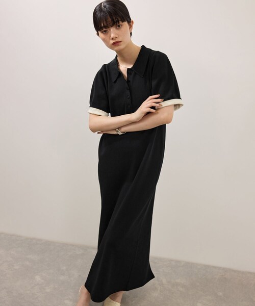 ADAM ET ROPE'(アダムエロペ)の「【WEB限定】ラウンドスリーブポロニットワンピース(ワンピース・レディース・ブラック/チャコール・F)」の3枚目の写真