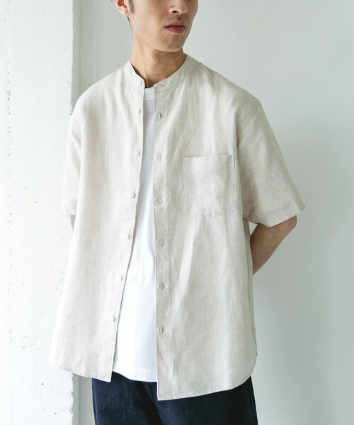 URBAN RESEARCH DOORS（アーバンリサーチドアーズ）の「シルケットリネン バンドカラーショートスリーブシャツ（シャツ/ブラウス・メンズ・ECRU/BROWN/INDIGO/HT CHECK・M/L/XL）」の12枚目の写真