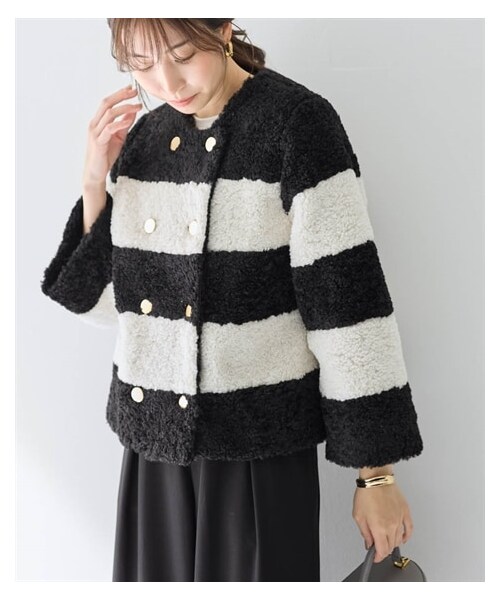 nissen（ニッセン）の「プードルボア配色ジャケット【OtonaSMILE】（ジャケット/アウター・レディース・黒×オフホワイト/グレージュ×アイボリー・M/L/LL/3L）」の5枚目の写真