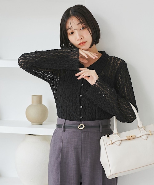 VIS（ビス）の「レースポロ襟カーディガン（カーディガン/ボレロ・レディース・ブラック/キナリ/ブラウン系・F）」の9枚目の写真