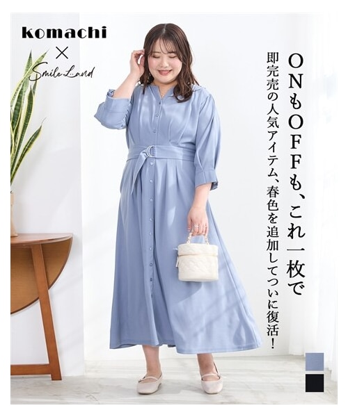 nissen（ニッセン）の「大きいサイズ　<こまちさんコラボ！＞前後２WAY7分袖カットジョーゼットワンピース（選べる２レングス）（抗菌防臭・接触冷感・UVカット機能付）（ワンピース・レディース・グレイッシュブルー/黒・L/LL/3L/4L/5L/6L）」の2枚目の写真