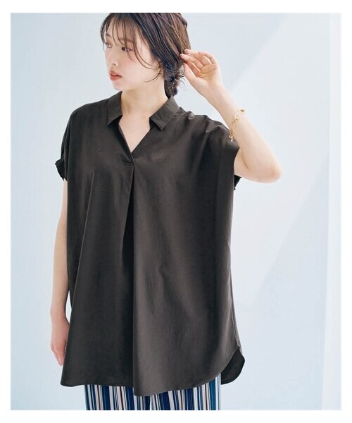 nissen（ニッセン）の「袖シャーリングシャツチュニック（吸汗速乾）（チュニック・レディース・オフホワイト/チャコール/ライトグリーン・S/M/L/LL）」の7枚目の写真