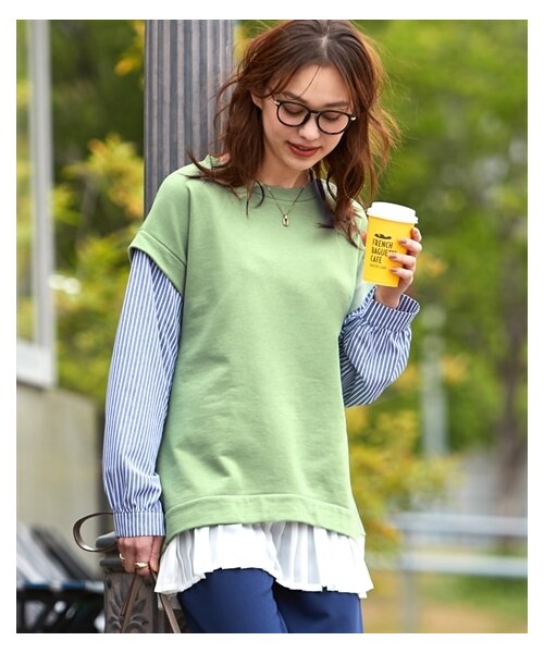 nissen（ニッセン）の「大きいサイズフェイクレイヤードカットソートップス（Tシャツ/カットソー・レディース・杢グレー×ネイビー系ストライプ/パープル×グレー系チェック/カーキ×オフホワイト(無地)/ネイビー×モノトーン系ギンガムチェック/黒×モノトーン系ストライプ/ミントグリーン×ブルー系ストライプ・L~LL相当/3L~4L相当/5L~6L相当/8L相当/10L相当）」の19枚目の写真