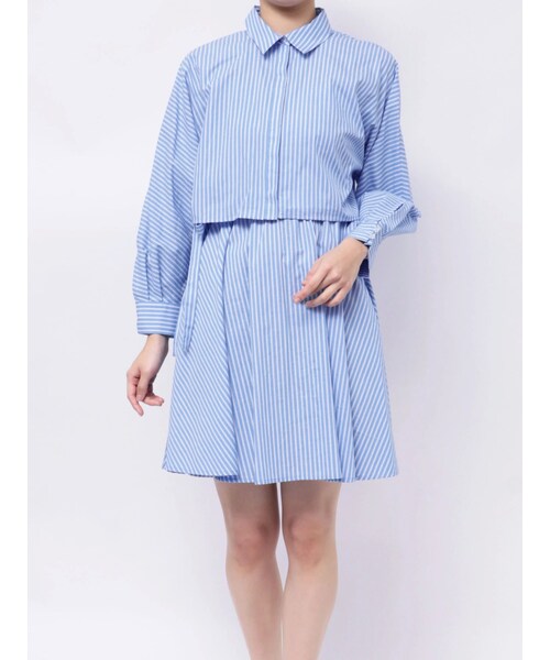 CALNAMUR（カルナムール）の「SHIRTS×SHIRRING MINI OP SET/シャツ×シャーリングミニワンピースセット（シャツワンピース・レディース・ブラック/ブルー・F）」の4枚目の写真