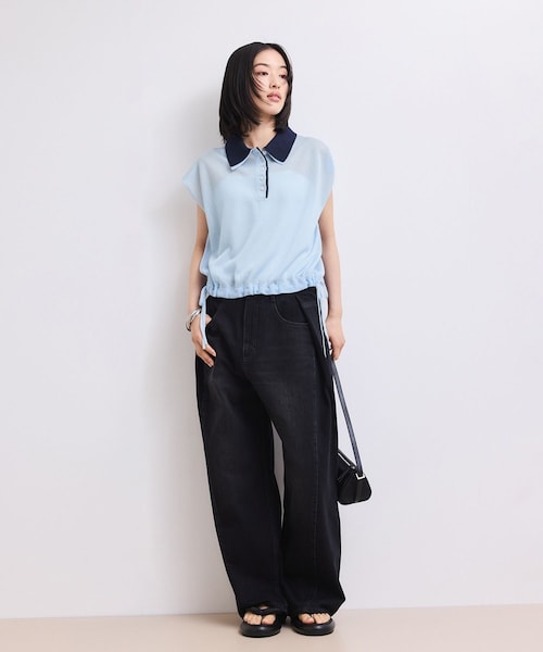 ADAM ET ROPE'(アダムエロペ)の「【WEB限定】ダブルカラーポロニットプルオーバー(ポロシャツ・レディース・ブラック/キナリ系/サックス・F)」の7枚目の写真