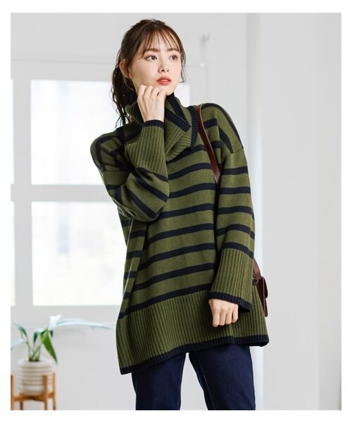 nissen（ニッセン）の「大きいサイズプチスヌード付ゆるシルエットボーダーニットプルオーバー（ニット/セーター・レディース・キナリ×黒/黒×オフホワイト/カーキ×ネイビー/ネイビー×ブルー・L~LL相当/3L~4L相当/5L~6L相当/8L相当/10L相当）」の14枚目の写真