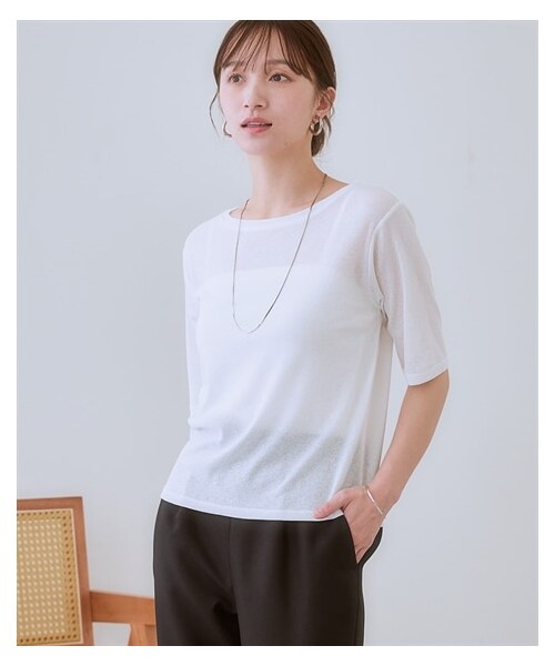 nissen（ニッセン）の「【Be praised】スラブシアー5分袖Tシャツ（Tシャツ/カットソー・レディース・オフホワイト/ライトベージュ/モカ/ダスティブルー/黒・S/M/L/LL/3L/4L/5L/6L/8L/10L）」の11枚目の写真