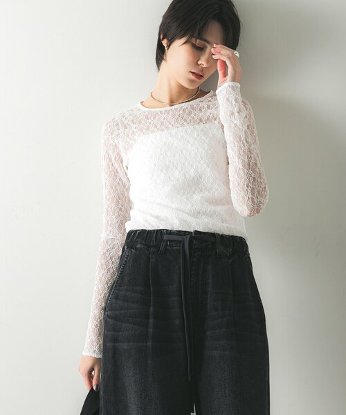 URBAN RESEARCH（アーバンリサーチ）の「ストレッチレースクルーネックブラウス（Tシャツ/カットソー・レディース・OFF/BLACK・FREE）」の20枚目の写真