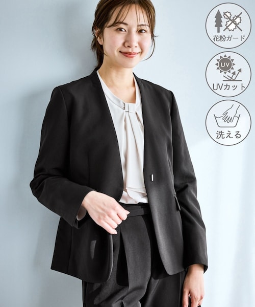 ROPE' PICNIC（ロペピクニック）の「360°ウルトラストレッチ ノーカラージャケット/UVカット・花粉ガード・入卒式・セットアップ対応（ノーカラージャケット・レディース・ブラック/グレー系/ベージュ系/ネイビー・L/M/S/XL/XS）」の4枚目の写真
