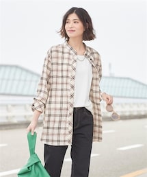 nissen | 大きいサイズ　柔らか綿混ヘリンボーンバンドカラーゆるシャツ(シャツ/ブラウス)