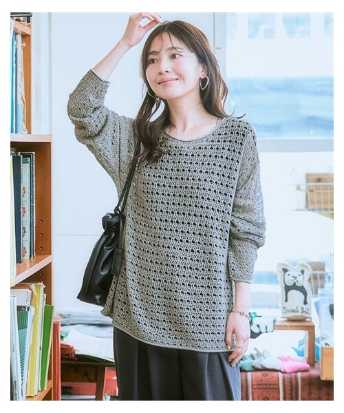 nissen（ニッセン）の「レーシー透かし編ニットトップス＜大きいサイズ有＞（ニット/セーター・レディース・アイボリー/杢グレー/黒/モカ・S~M/L~LL/3L~4L/5L~6L）」の9枚目の写真