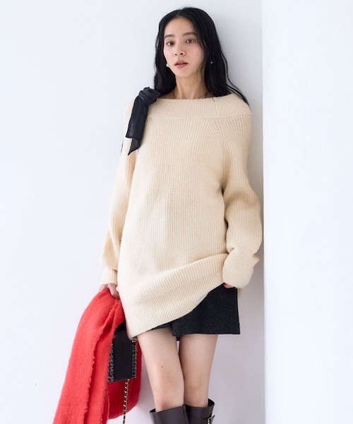 VIS(ビス)の「肩リボンミニ丈ニットワンピース/2WAY(ワンピース・レディース・グレー/キナリ/ブルー系・F)」の1枚目の写真