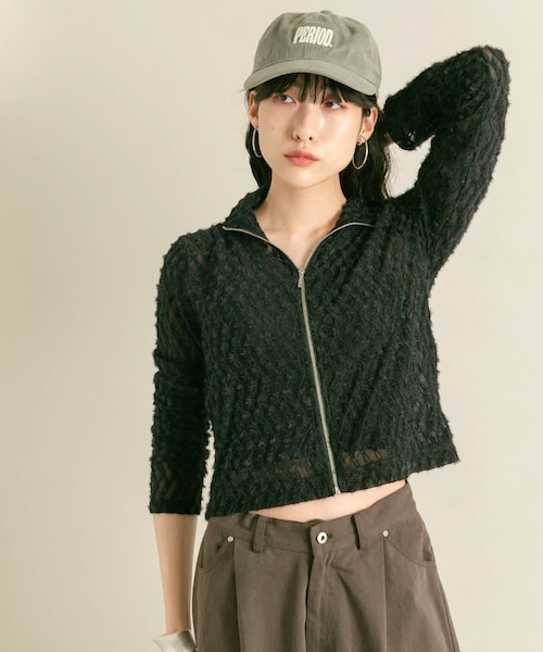 KBF(ケイビーエフ)の「フロントZIPフェザーロングTEE(Tシャツ/カットソー・レディース・BLACK/OFF・one)」の2枚目の写真