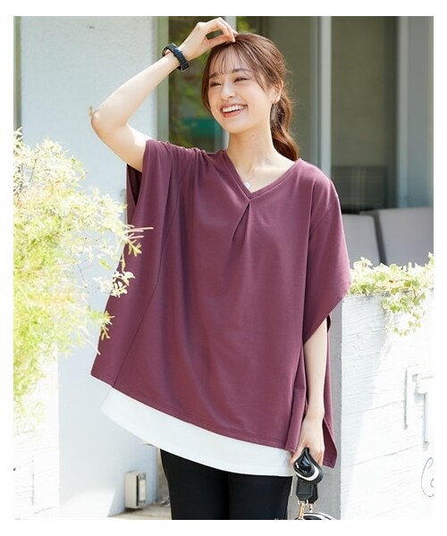 nissen（ニッセン）の「大きいサイズ綿100％汗染みしにくいポンチョ重ね着風チュニック（カットソー）（チュニック・レディース・黒/マホガニーブラウン/キャメル/スモーキーパープル/カーキ・L~LL相当/3L~4L相当/5L~6L相当/8L相当/10L相当）」の22枚目の写真