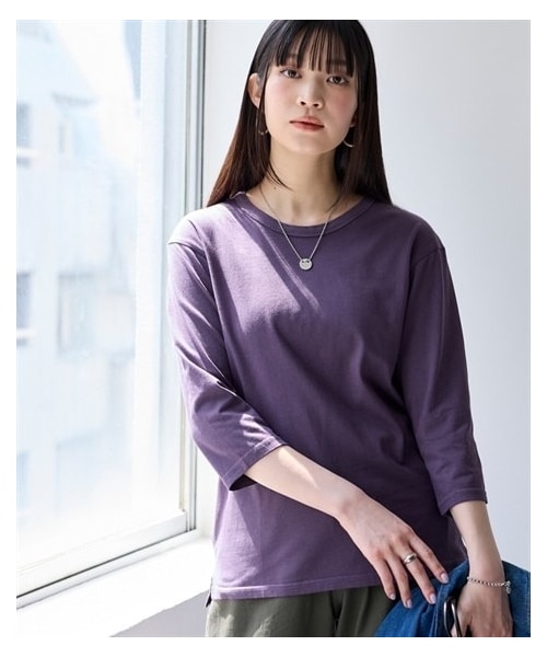 nissen（ニッセン）の「綿１００％汗染みしにくいクルーネック７分袖Ｔシャツ＜大きいサイズ有＞（Tシャツ/カットソー・レディース・黒/ネイビー/オフホワイト/グレイッシュモカ/モスカーキ/ロイヤルグリーン/スモークピンク/アプリコット/ライムイエロー/ダークグリーン/ラズベリー/グレイッシュパープル/ソフトピンク/赤・L/LL/3L/4L/5L/6L/8L/10L/M/S）」の9枚目の写真