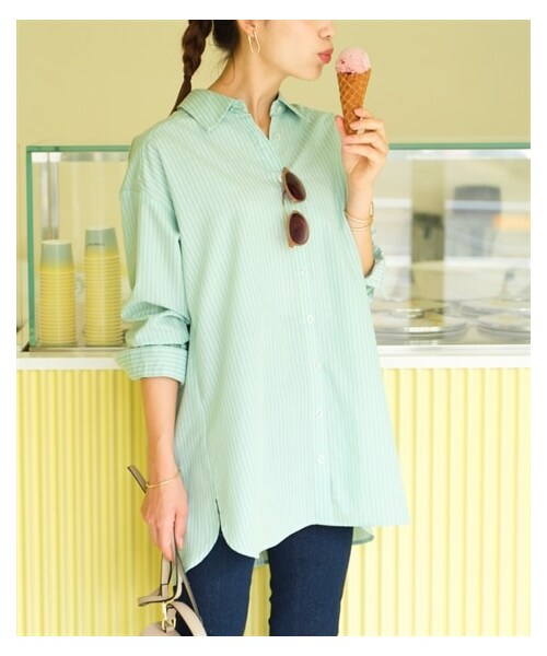 nissen（ニッセン）の「大きいサイズ ゆるシルエットストライプシャツ（シャツ/ブラウス・レディース・ミントグリーン系/ピンク系/ベージュ系/ネイビー系/オフホワイト系・L~LL相当/3L~4L相当/5L~6L相当/8L相当/10L相当）」の16枚目の写真