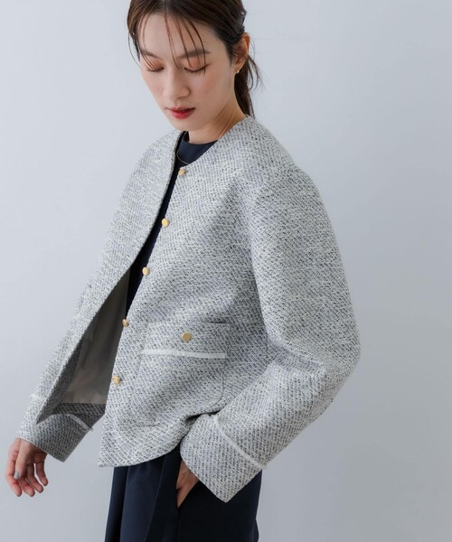 URBAN RESEARCH（アーバンリサーチ）の「ツイードノーカラージャケット（ノーカラージャケット・レディース・OFF MIX/BLACK MIX・FREE）」の6枚目の写真