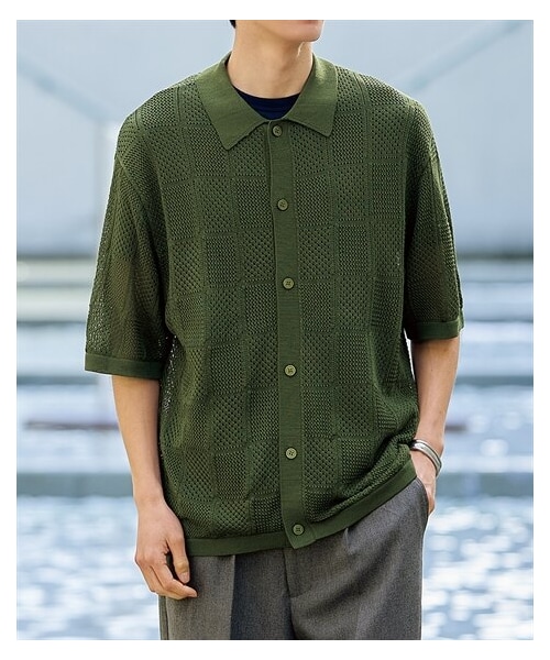 nissen（ニッセン）の「オーバーサイズ5分袖メッシュニットシャツ【大きいサイズ有】（ニット/セーター・メンズ・黒/グリーン・M/L/LL/3L/4L/5L/6L/8L/10L）」の16枚目の写真