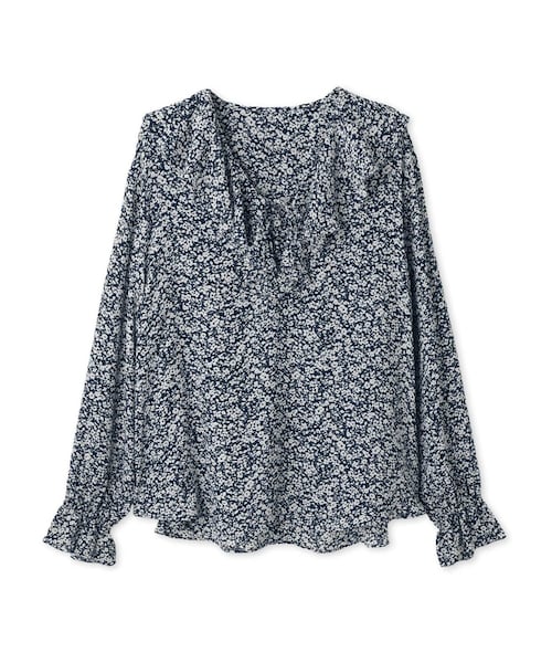 ROPE'(ロペ)の「【J'aDoRe・ルミネ別注】ラッフルフリルVネックブラウス(無地/プリント柄)(シャツ/ブラウス・レディース・ブラック/オフホワイト/ネイビー・F)」の15枚目の写真