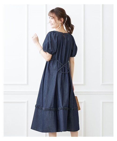 nissen（ニッセン）の「大きいサイズ　パフスリーブデニムワンピース（OtonaSMILE）（ワンピース・レディース・ネイビー/ユーズドブルー・L/LL/3L/4L/5L/6L）」の4枚目の写真