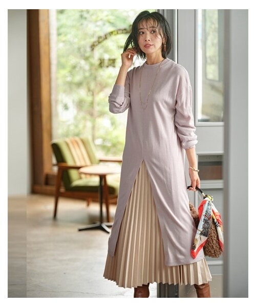 nissen（ニッセン）の「２点セット（ニットチュニック＋プリーツスカート）【OtonaSMILE】（ニット/セーター・レディース・ラベンダー+ライトベージュ/杢グレー+黒/黒+カーキ・M/L~LL/3L~4L/5L~6L）」の13枚目の写真