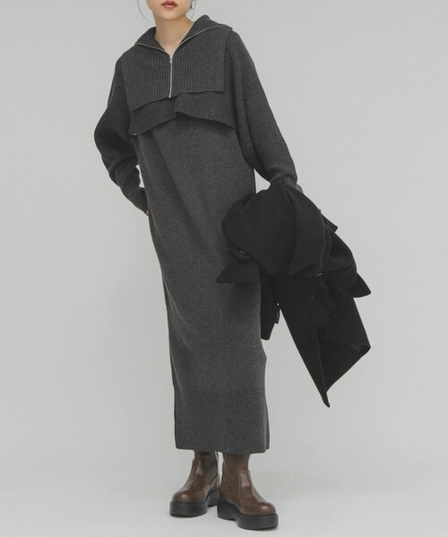 KBF（ケイビーエフ）の「ハーフZIPレイヤードニットワンピース（ワンピース・レディース・BEIGE/CHARCOAL・One）」の5枚目の写真