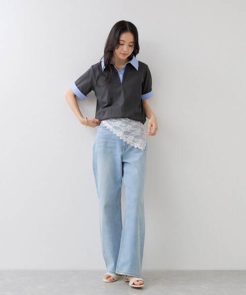 VIS(ビス)の「ICE BEAUTY ドッキング衿ハーフスリーブプルオーバー/UVケア・接触冷感・汗染み防止(Tシャツ/カットソー・レディース・チャコール/ライトグレー/オフホワイト・F)」の5枚目の写真