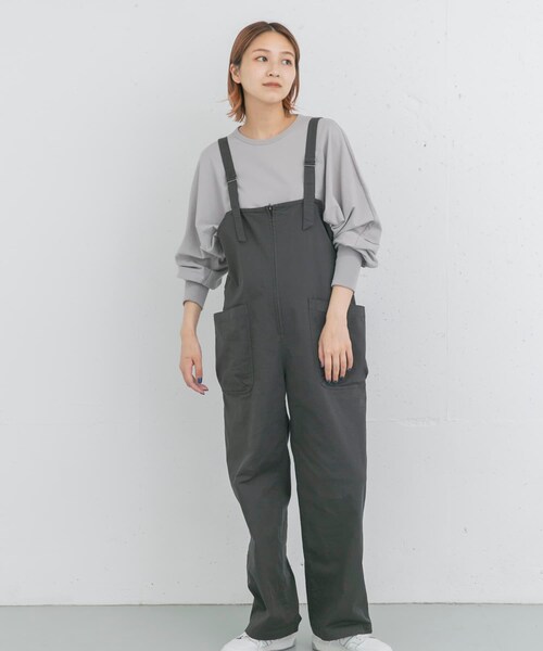 EKAL(エカル)の「製品洗いジップデザインサロペット(サロペット/オーバーオール・レディース・チャコール/キャメル・one)」の4枚目の写真