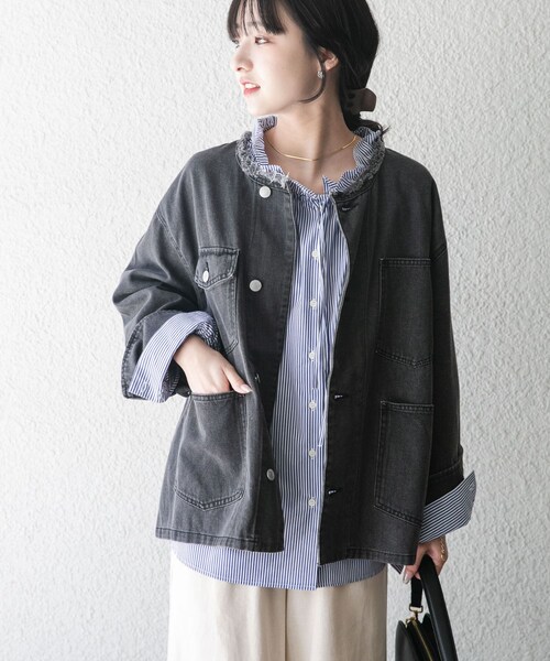 ITEMS URBANRESEARCH（アイテムズ アーバンリサーチ）の「デニムオーバーノーカラージャケット（デニムジャケット・レディース・BLU/GRY/BLK・Free）」の14枚目の写真