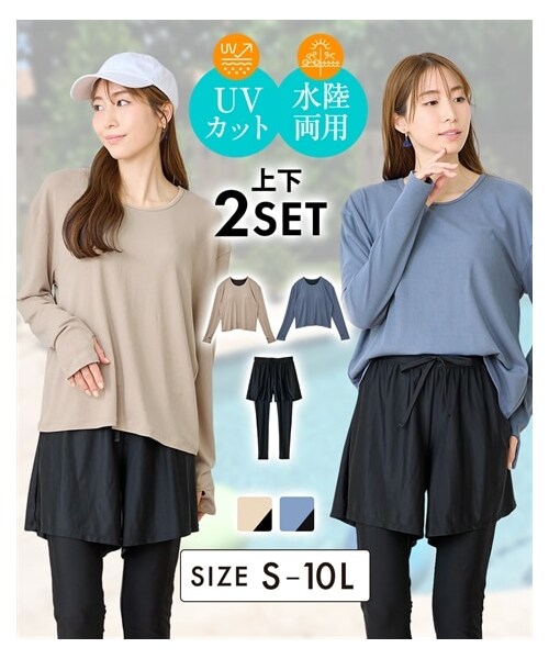 nissen（ニッセン）の「【上下2点セット】インナー一体型ラッシュガード（指穴付き）・レギンス付き水着（LB1074）（水着・メンズ・ブルー/ベージュ・S/M/L/LL/3L/4L/5L/6L/8L/10L）」の2枚目の写真