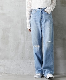 GEVS. | 大きいサイズ綿100％クラッシュ加工ワイドストレートデニムパンツGEVS.(デニムパンツ)