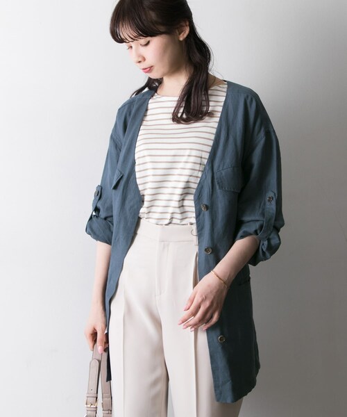 URBAN RESEARCH（アーバンリサーチ）の「LI/RYノーカラーサファリジャケット∴（ミリタリージャケット・レディース・BEIGE/NAVY・FREE）」の16枚目の写真