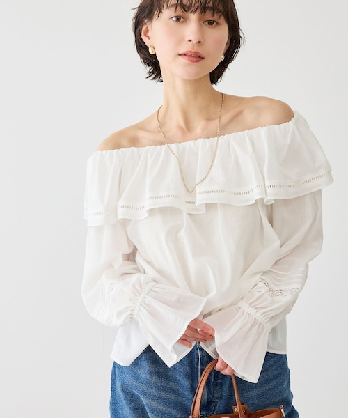 ROPE' PICNIC(ロペピクニック)の「お着軽シャツシリーズ レース使い2WAYオフショルシアーブラウス/接触冷感・通気性(シャツ/ブラウス・レディース・ブラック/ホワイト/ブルー系/イエロー・F)」の21枚目の写真