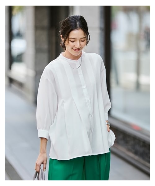 nissen（ニッセン）の「大きいサイズ とろみブロード7分袖タックシャツ（シャツ/ブラウス・レディース・グレイッシュブルー/ライトカーキ/オフホワイト/黒・L/LL/3L/4L/5L/6L/8L/10L）」の6枚目の写真