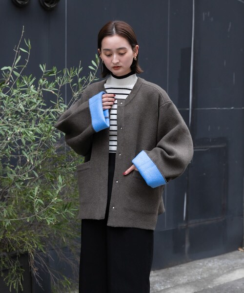 SENSE OF PLACE by URBAN RESEARCH(センスオブプレイスバイアーバンリサーチ)の「バイカラーニットコート(テーラードジャケット・レディース・GRE×YEL/RED×GRE/PPL×C.GRY/MOC×BLU・one)」の15枚目の写真