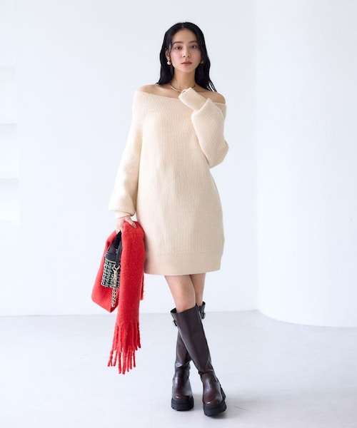 VIS(ビス)の「肩リボンミニ丈ニットワンピース/2WAY(ワンピース・レディース・グレー/キナリ/ブルー系・F)」の11枚目の写真