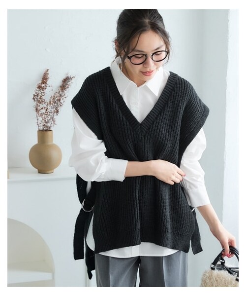 nissen（ニッセン）の「＜大きいサイズ＞ゆるシルエットサイドベルトニットベスト（ニット/セーター・レディース・杢グレー/黒・L~LL/3L~4L/5L~6L/8L/10L）」の6枚目の写真