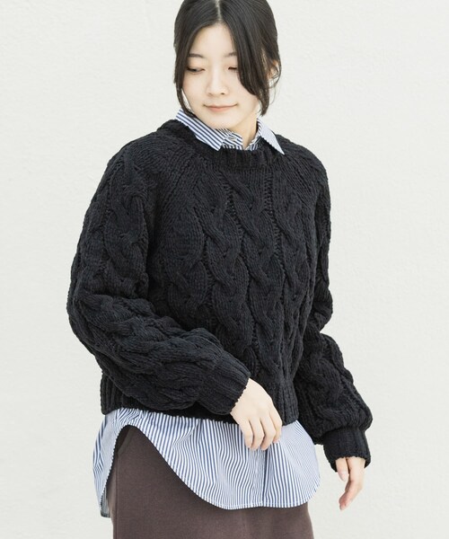 EKAL（エカル）の「ケーブルモールニットプルオーバー（ニット/セーター・レディース・L.ブルー/L.グレー/ブラック・One）」の7枚目の写真